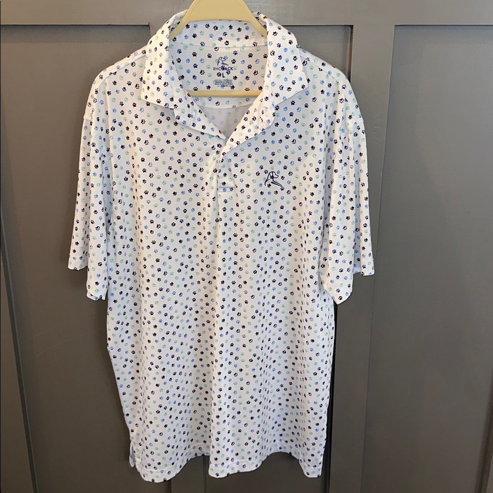 Rhoback Performance Polo Shirt Mens Large White Paw Print Stretch Golf USED